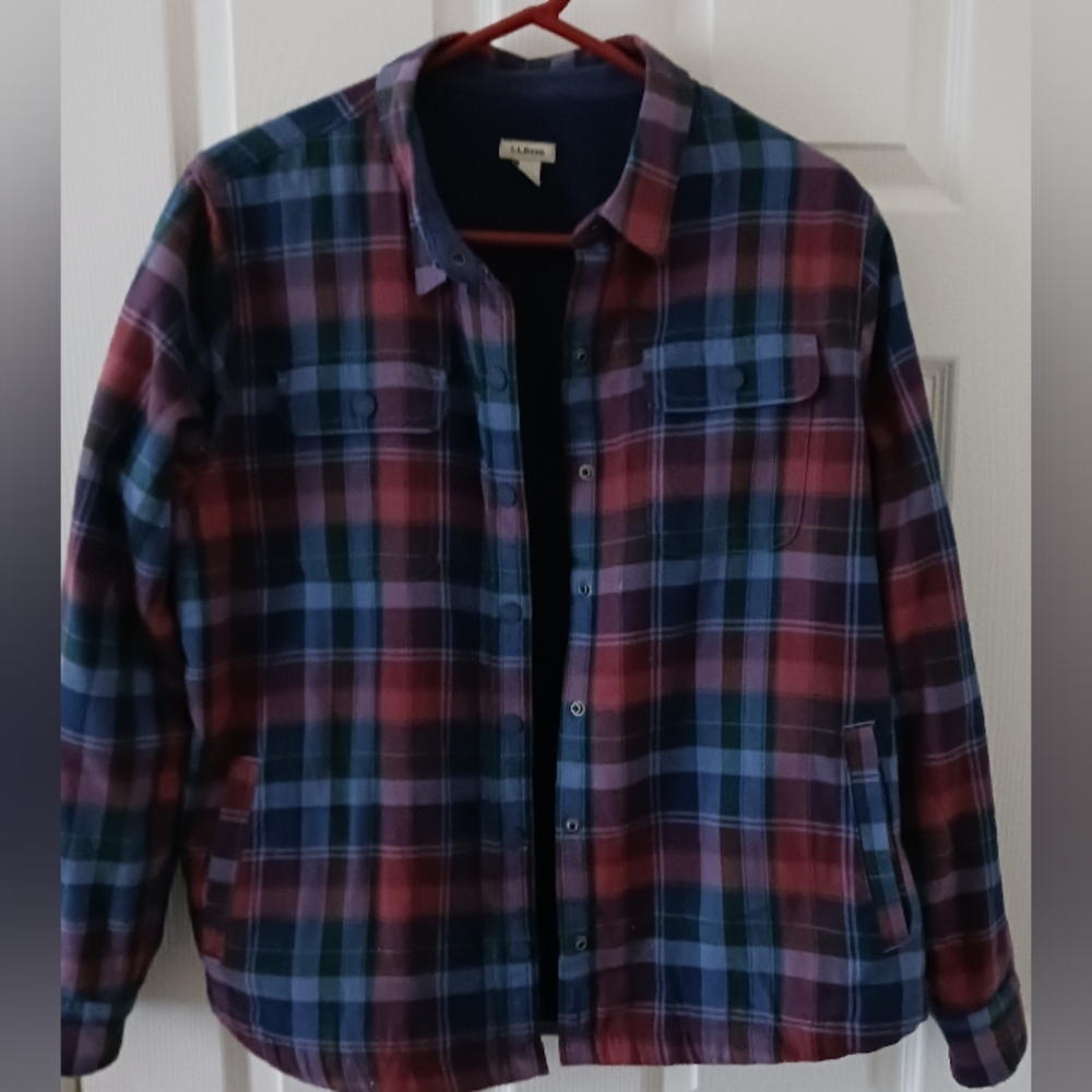 LL Bean Blue And Red Plaid Fleece Lined Flannel Snap Front Shirt Jacket Womens L